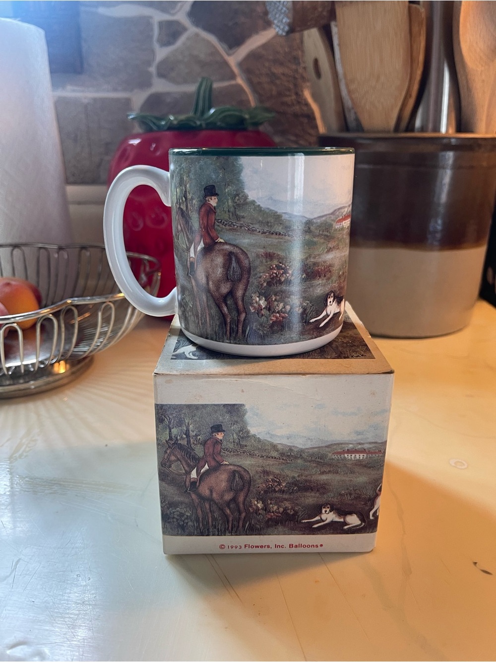 Flowers inc balloons hunting scene mug